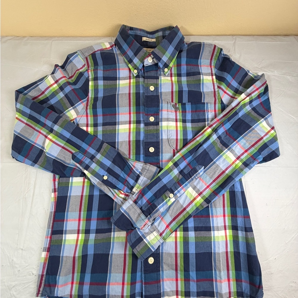 Abercrombie & Fitch Men's Muscle Blue and Green Plaid Shirt - Picture 2 of 9